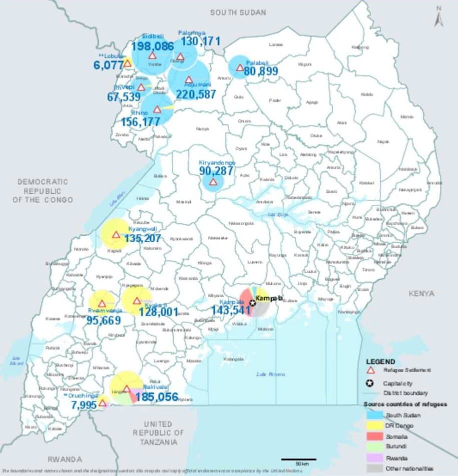 Map of Uganda showing refugee settlements across West Nile, Central and South-Western regions